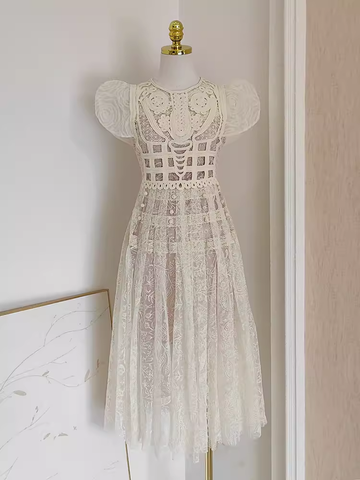 A line Scoop Champagne Short Sleeves Lace Vacation Dress Women Dresses SD154